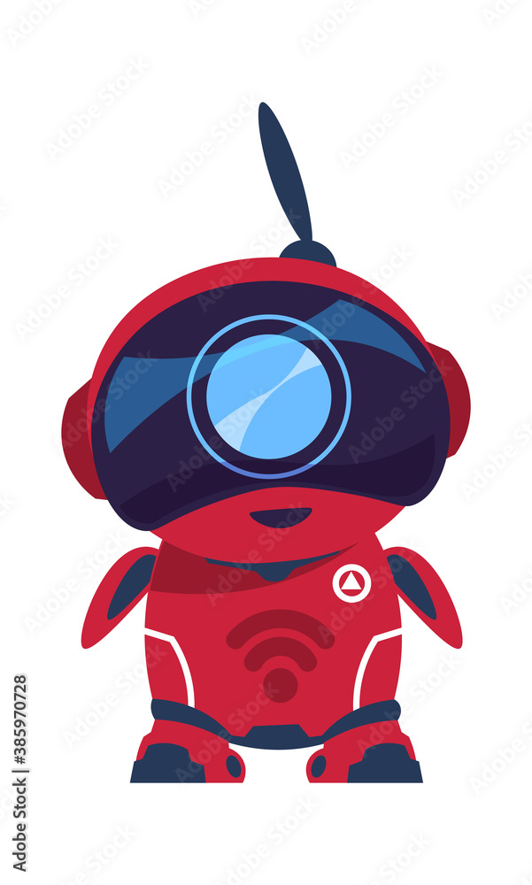 Poster friendly robot character. red android with antenna. smart toy, cartoon electronic mascot. digital as
