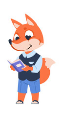 Funny cartoon fox kid at school with book. Cute forest animal getting education. Academy emblem template, schoolchild uniform advertising, developing children literature, vector nature illustration