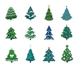 Christmas tree. Cartoon winter holiday fir with Xmas decoration, green spruce collection. Snowy forest, invitation and greeting card template for cold season events. Vector New Year symbol set