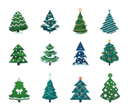 Christmas tree. Cartoon winter holiday fir with Xmas decoration, green spruce collection. Snowy forest, invitation and greeting card template for cold season events. Vector New Year symbol set