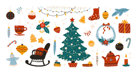 Doodle Christmas. Scandinavian hygge winter traditional holiday decoration elements, cozy Xmas tree with star and garland, tea and cookies, New Year presents. Vector December home interior decor set