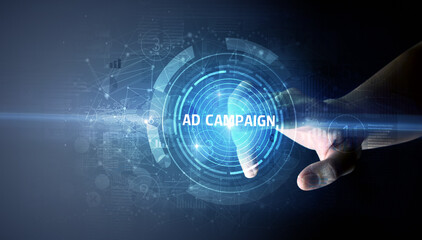 Hand touching AD CAMPAIGN button, modern business technology concept