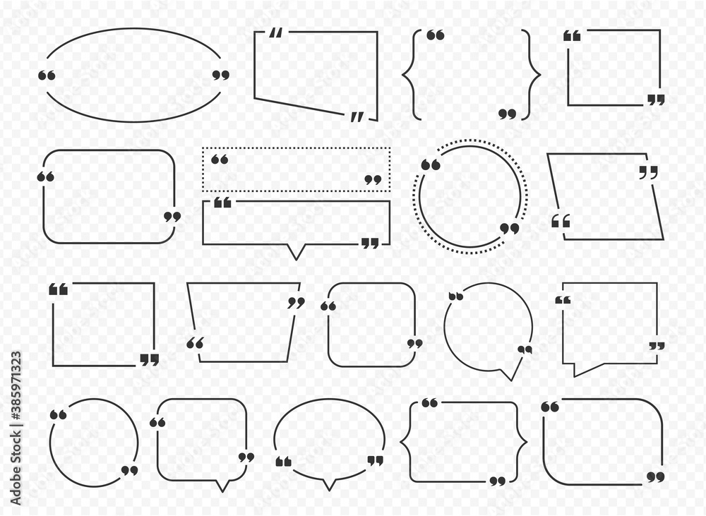Aufkleber Quotation box. Quote outline forms for text and lettering on transparent background. Idea frame with copy space. Black counters comment bubbles and round or square shape, vector template isolated set