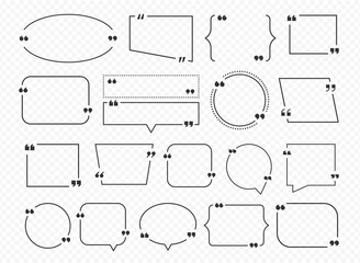 Quotation box. Quote outline forms for text and lettering on transparent background. Idea frame with copy space. Black counters comment bubbles and round or square shape, vector template isolated set