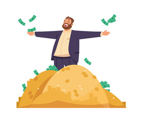 Millionaire or banker. Cartoon man scatters banknotes, rich male among piles of gold. Business success or casino lottery winning, profitable investment advertising. Vector happy gentleman with money