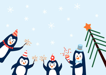 Family of funny penguins in festive caps with sparklers, confetti and Christmas tree celebrate the New Year - horizontal background for winter holidays design