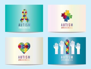 vector set of autism awareness symbols heart ribbon hands and puzzle pieces perfect set