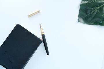 top view of a diary and fountain pen on white background 