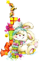 Happy New Year card. Cute Bunny illustration for greeting. Christmas series