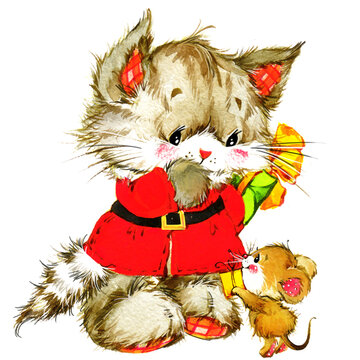 New year. Santa Claus. funny cat and Christmas background with winter decoration. watercolor painting