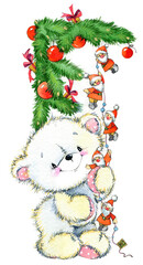 Happy New Year card. Cute white teddy bear. Christmas illustration