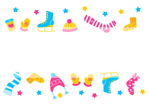 Horizontal borders with knitted socks, stockings, knee socks, woolen hats, mittens, scarf, skates, a cup of drink - elements for winter design
