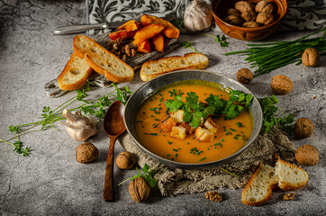 Fototapeta na wymiar Pumpkin soup with herbs and crispy toast