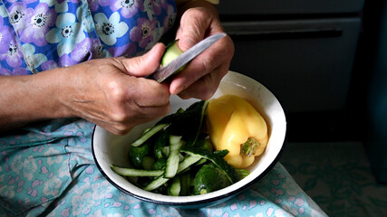 person preparing food in the kitchen. Closeup of aged female hands cutting raw cucumbers