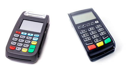 Pos terminal on light background. Banking equipment. Acquiring. Acceptance of bank credit cards. Contactless payment. Long horizontal banner...