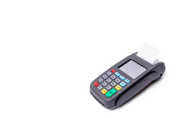 Pos terminal on light background. Banking equipment. Acquiring. Acceptance of bank credit cards. Contactless payment. Long horizontal banner...