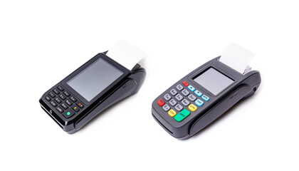 Pos terminal on light background. Banking equipment. Acquiring. Acceptance of bank credit cards. Contactless payment. Long horizontal banner...