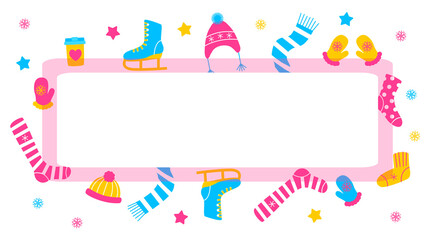 Rectangular frame with knitted socks, stockings, knee socks, woolen hats, mittens, scarf, skates, a cup of drink - elements for winter design with place for text