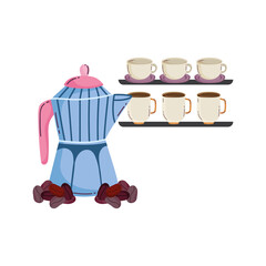 coffee brewing methods, moka pot shelves with cups and dry beans