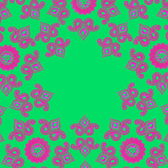 A vibrant, very colorful decorative border created with Indian paisley motifs. Empty space for text or headline.