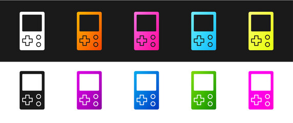 Set Portable tetris electronic game icon isolated on black and white background. Vintage style pocket brick game. Interactive playing device. Vector.