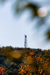 Mountain fire tower being framed by fall foliage. Beacon, New York