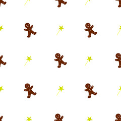 Seamless Christmas pattern, gingerbread and Christmas star on a white background. Flat vector illustration. Template, blank for textiles, fabrics, wrapping paper, packaging, Wallpaper, cover, etc