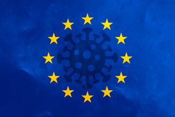 European Union flag with grunge texture and corona virus symbol