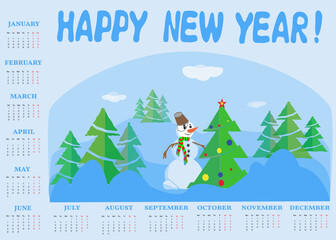 The 2021 calendar is blue with Christmas fir trees and a snowman in the center.