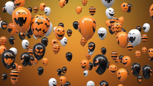 Loop Flying halloween balloons on orange background