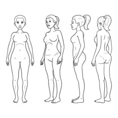 monochrome illustration set of a woman in different positions. anatomy, comic, avatar.