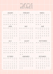 Pink dates calendar from January to December from Monday to Sunday for 2021 year