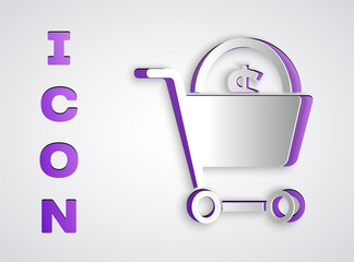 Paper cut Shopping cart and dollar symbol icon isolated on grey background. Online buying concept. Delivery service. Supermarket basket. Paper art style. Vector.