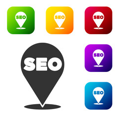 Black SEO optimization icon isolated on white background. Set icons in color square buttons. Vector.