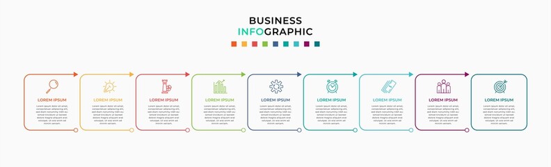 Vector Infographic design template with icons and 9 nine options or steps. Can be used for process diagram, presentations, workflow layout, banner, flow chart, info graph.