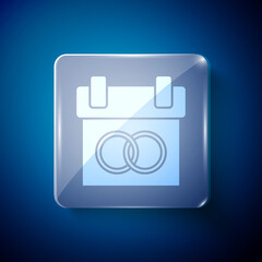 White Calendar icon isolated on blue background. Event reminder symbol. Square glass panels. Vector.