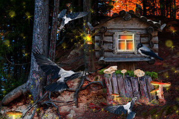 A hut  stands in a fairy-tale, magical forest. A witch's dwelling with a glowing window and smoke...