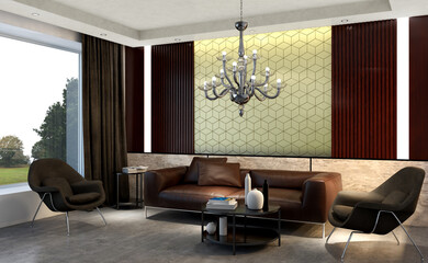 Large luxury modern minimal bright interiors room mockup illustration 3D rendering