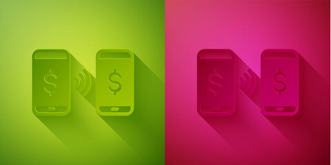 Paper cut Money payment transfer in mobile icon isolated on green and pink background. Concept of fast pay by purchase. Sending and receiving money. Paper art style. Vector.