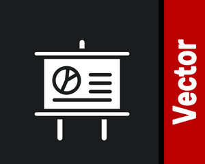 White Presentation board with graph, schedule, chart, diagram, infographic, pie graph icon isolated on black background. Vector.
