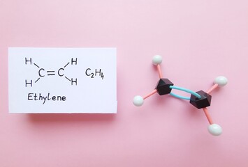 Ethylene (ethene) molecule. Molecular structure model and structural chemical formula of ethylene...