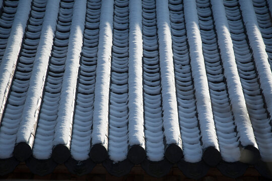 Korean temple roof covered in snow                 
