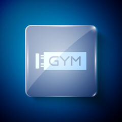 White Location gym icon isolated on blue background. Square glass panels. Vector.