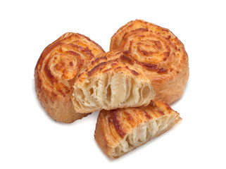 Puff pastry with cottage cheese on white background