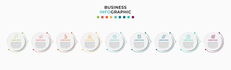 Vector Infographic design template with icons and 9 nine options or steps. Can be used for process diagram, presentations, workflow layout, banner, flow chart, info graph.