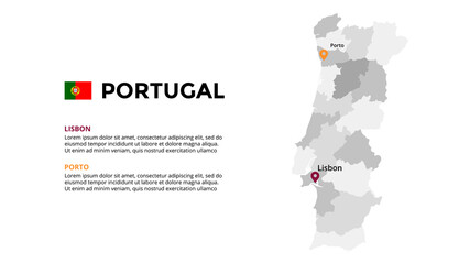 Portugal vector map infographic template. Slide presentation. Lisbon, Porto. Global business marketing concept. Color Europe country. World transportation geography data. 