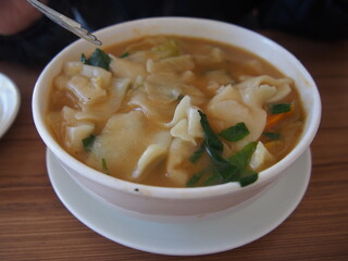 Thukpa (hand-pulled noodle soup) is a very common noodle soup in Tibetan cuisine, Leh, Ladakh, Jammu and Kashmir, India