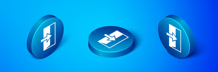 Isometric Fire exit icon isolated on blue background. Fire emergency icon. Blue circle button. Vector.