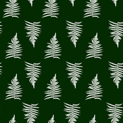 Seamless pattern with fern leaves - green background with white silhouettes for natural design
