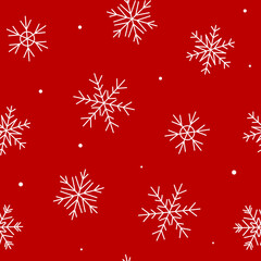 Naklejka na ściany i meble Seamless pattern with white snowflakes on a red - holiday background for Christmas and New Year winter design